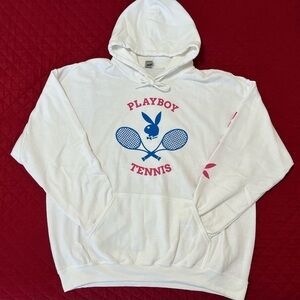 Playboy White Hoodie with Blue Tennis Graphic